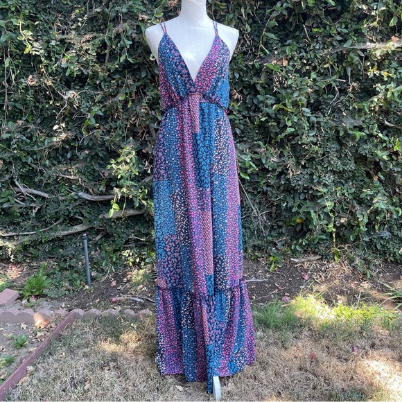 Maxi Dress Spaghetti Strap Ruffle Lulu Patchwork Print Fraiche by J Medium - Picture 4 of 10